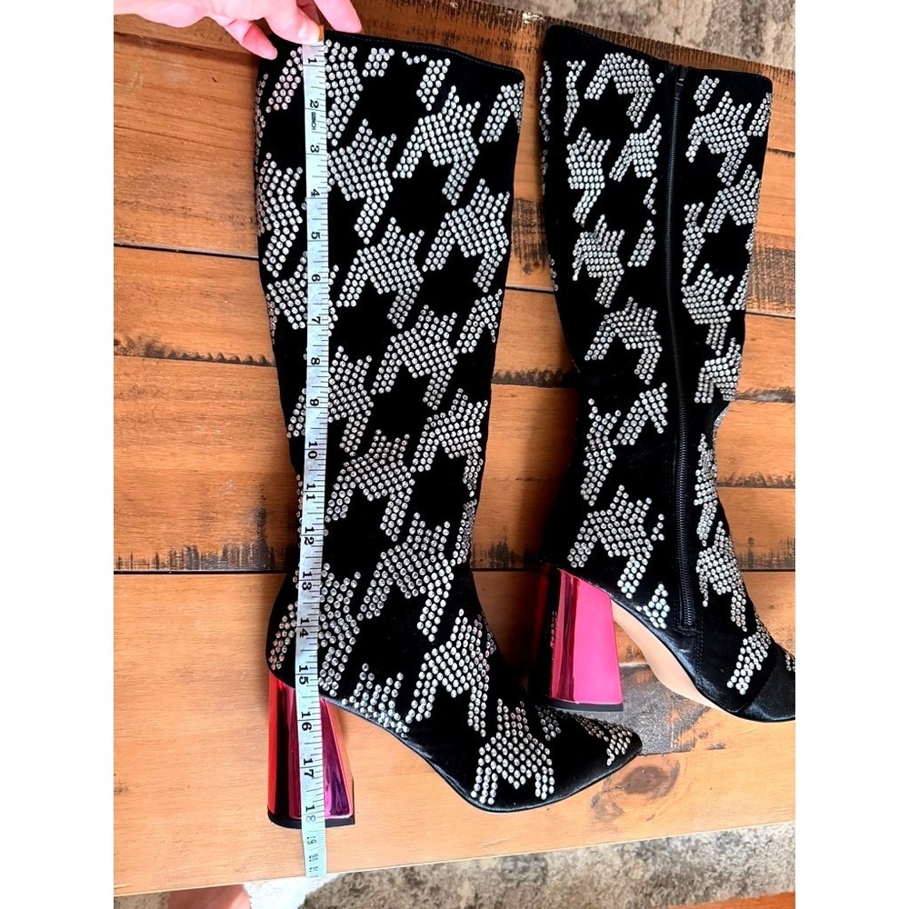 Betsey Johnson Naomy Rhinestone Houndstooth Knee High Boots‎ Black Pink NAOM01S5 - Picture 6 of 10
